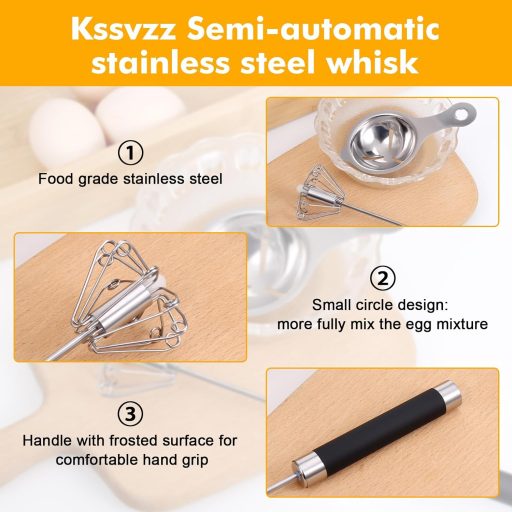 Tel automat, 26 cm - Mixer manual de bucătărie din oțel inoxidabil cu separator de ouă, ajutor pentru copt-gătit fără electricitate, lavabil.