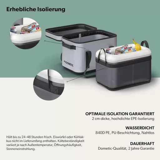 DOMETIC GO Soft hűtőtáska 20L - hordozható szigetelt tároló kemping felszerelésekhez szürke színben