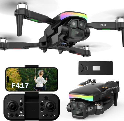 FAKJANK F417 Drón 1080P Kamerával, WiFi Átvitellel és Színes LED Lámpával - Kétkamerás Kezdő Drón Gyerekeknek, Kültéri RC Quadcopter Optikai