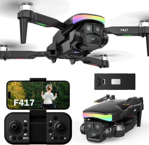 FAKJANK F417 Drón 1080P HD Kamerával, 90° Állítható, WiFi FPV, Kétlencsés, Kefe Nélküli Motor, RGB LED, Kezdőknek, Hordtáskával