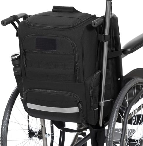 BlesMaller Kerekesszék Táska - Nylon Hátizsák Járókerethez, Hőszigetelt Rekesszel és Mankótartóval, Laptoptárolóval, Éjszakai Fényvisszaverő
