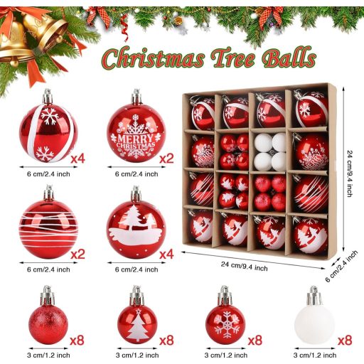 ilauke Karácsonyi Gömb Szett 44 Darab Piros Fehér Műanyag 3-6 cm Dekoráció