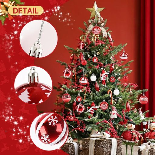 ilauke Karácsonyi Gömb Szett 44 Darab Piros Fehér Műanyag 3-6 cm Dekoráció