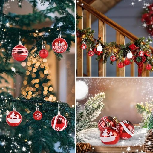 ilauke Karácsonyi Gömb Szett 44 Darab Piros Fehér Műanyag 3-6 cm Dekoráció
