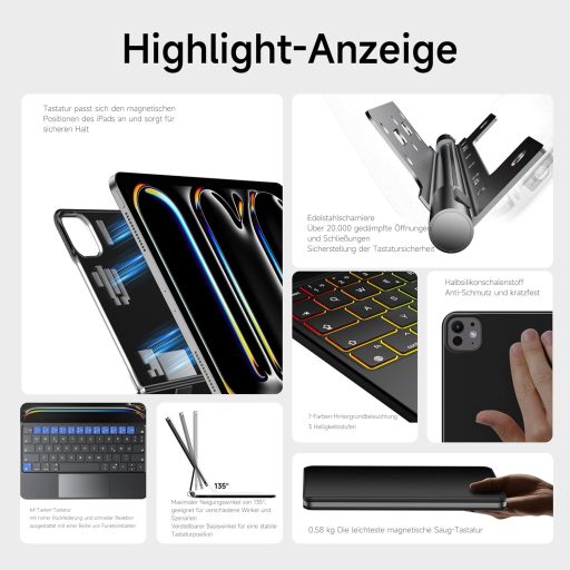 HOU Magic Keyboard za iPad Pro 11 M4 2024 - Bluetooth tipkovnica s touchpadom, 7 boja pozadinskog osvjetljenja, njemački QWERTZ raspored, crna