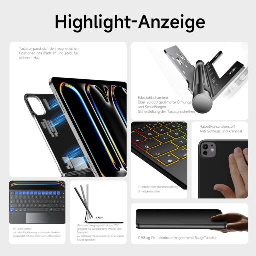 HOU Magic Keyboard iPad Pro 11 M4 2024 - Tastatură Bluetooth cu touchpad, iluminare de fundal în 7 culori, layout german QWERTZ, negru