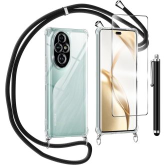   TTSWJBD Priehľadný kryt na telefón Honor 200 Pro 5G s popruhom na krk - Odnímateľná čierna šnúrka, s ochranou displeja, nárazuvzdorné silikónové puzdro na vonkajšie použitie