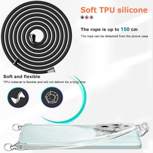 TTSWJBD Priehľadný kryt na telefón Honor 200 Pro 5G s popruhom na krk - Odnímateľná čierna šnúrka, s ochranou displeja, nárazuvzdorné silikónové puzdro na vonkajšie použitie