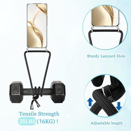 TTSWJBD Priehľadný kryt na telefón Honor 200 Pro 5G s popruhom na krk - Odnímateľná čierna šnúrka, s ochranou displeja, nárazuvzdorné silikónové puzdro na vonkajšie použitie
