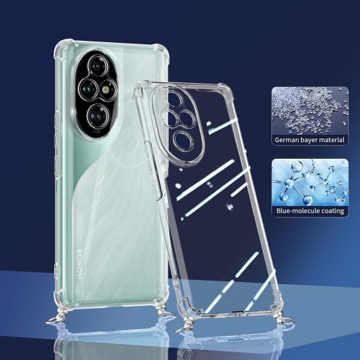 TTSWJBD Priehľadný kryt na telefón Honor 200 Pro 5G s popruhom na krk - Odnímateľná čierna šnúrka, s ochranou displeja, nárazuvzdorné silikónové puzdro na vonkajšie použitie