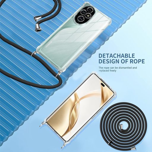 TTSWJBD Priehľadný kryt na telefón Honor 200 Pro 5G s popruhom na krk - Odnímateľná čierna šnúrka, s ochranou displeja, nárazuvzdorné silikónové puzdro na vonkajšie použitie