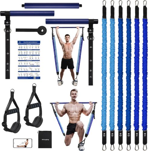 ALongSong Pilates tyč s 6 odporovými gumami 9-109 kg na domáce cvičenie – nastaviteľná fitness pomôcka s rukoväťami a dverovým úchytom