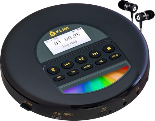 KLIM Nomad CD Player Portabil Bluetooth - Baterie de Lungă Durată, Cu Căști, Suport CD-R/RW/MP3, Cititor Card TF, Radio FM