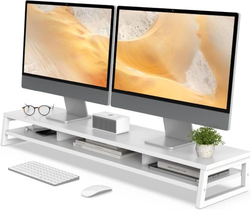 Suport dublu monitor Fenge - 108 cm lățime, suport ecran calculator pentru PC/Laptop/Imprimantă/TV, Organizator birou, Capacitate portantă 45 kg, Alb