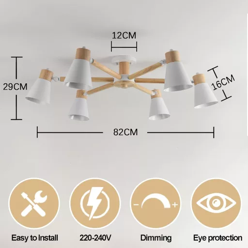 Candelabru modern cu 6 brațe Schindora, alb, din lemn și metal, E27
