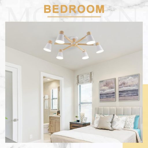 Schindora fehér mennyezeti lámpa 6 ágú fa-fém csillár E27 modern