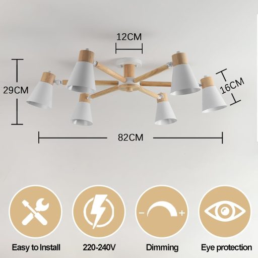 Schindora fehér mennyezeti lámpa 6 ágú fa-fém csillár E27 modern