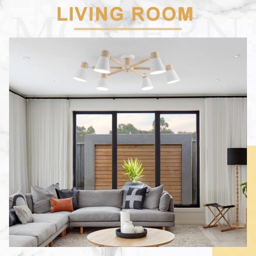 Schindora fehér mennyezeti lámpa 6 ágú fa-fém csillár E27 modern