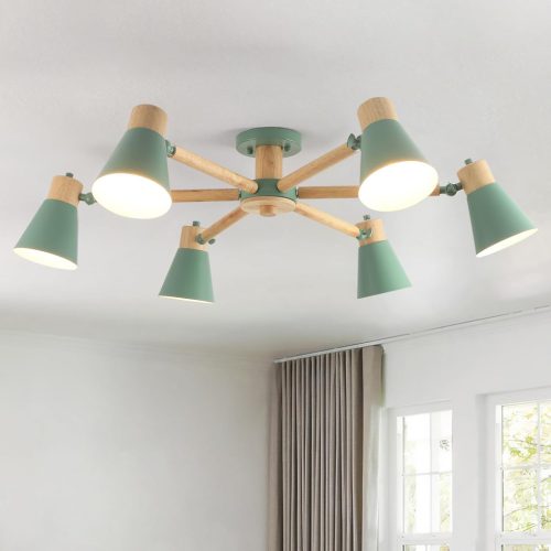Lustră de tavan Schindora Verde cu 6 becuri - 82 cm, lemn și fier, lustră pentru masă de sufragerie, brațe reglabile, iluminat modern pentru living, bucătărie,