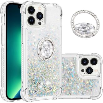   SIYOPINPFY Obal na iPhone 15 Pro s prstencom a stojanom – Priehľadný silikónový trblietavý tekutý ochranný kryt pre ženy, strieborný