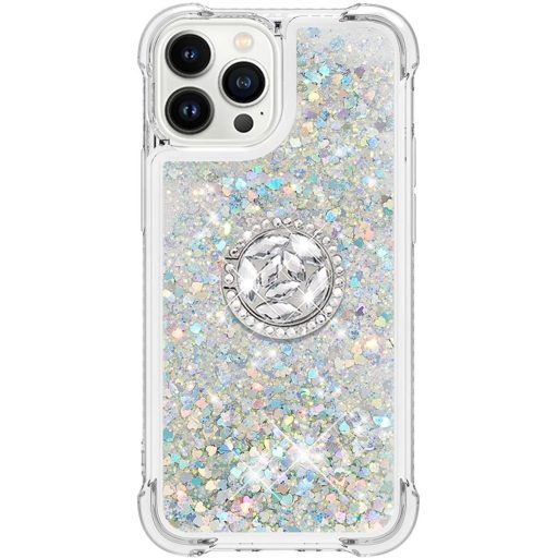 SIYOPINPFY Obal na iPhone 15 Pro s prstencom a stojanom – Priehľadný silikónový trblietavý tekutý ochranný kryt pre ženy, strieborný