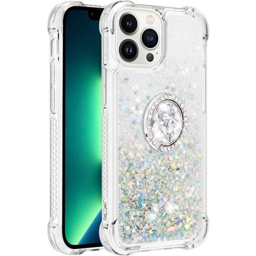SIYOPINPFY Obal na iPhone 15 Pro s prstencom a stojanom – Priehľadný silikónový trblietavý tekutý ochranný kryt pre ženy, strieborný