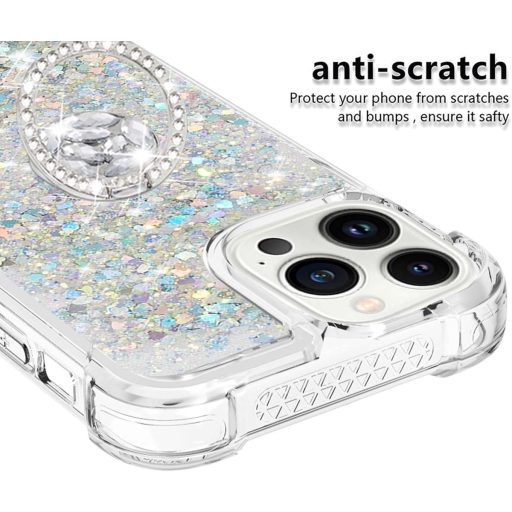 SIYOPINPFY Obal na iPhone 15 Pro s prstencom a stojanom – Priehľadný silikónový trblietavý tekutý ochranný kryt pre ženy, strieborný