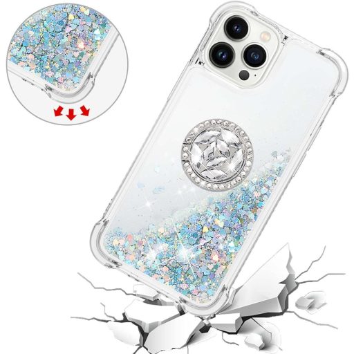 SIYOPINPFY Obal na iPhone 15 Pro s prstencom a stojanom – Priehľadný silikónový trblietavý tekutý ochranný kryt pre ženy, strieborný