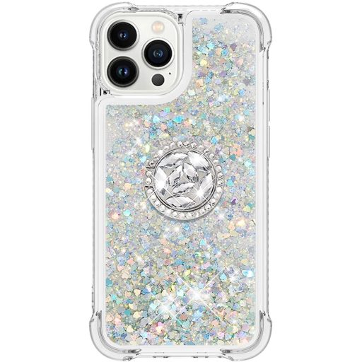 Husă SIYOPINPFY pentru iPhone 15 Pro cu Inel Suport - Silicon Transparent Lichid Sclipitor, de Protecție, pentru Femei, Argintiu