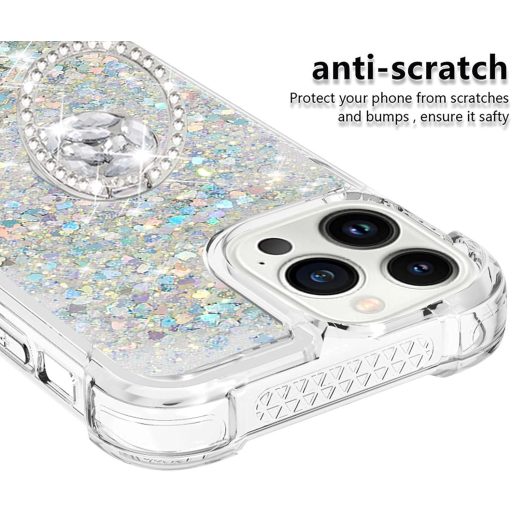 Husă SIYOPINPFY pentru iPhone 15 Pro cu Inel Suport - Silicon Transparent Lichid Sclipitor, de Protecție, pentru Femei, Argintiu