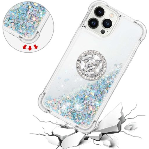 Husă SIYOPINPFY pentru iPhone 15 Pro cu Inel Suport - Silicon Transparent Lichid Sclipitor, de Protecție, pentru Femei, Argintiu