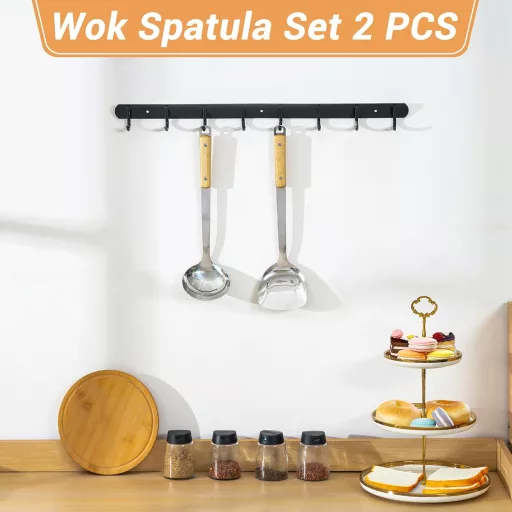 FJNATINH Wok spatula és kanalszett rozsdamentes acélból, 2 részes konyhai eszköz