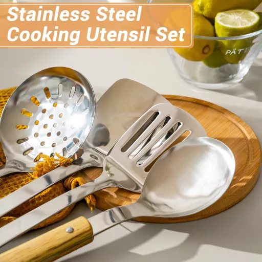 FJNATINH Wok spatula és kanalszett rozsdamentes acélból, 2 részes konyhai eszköz