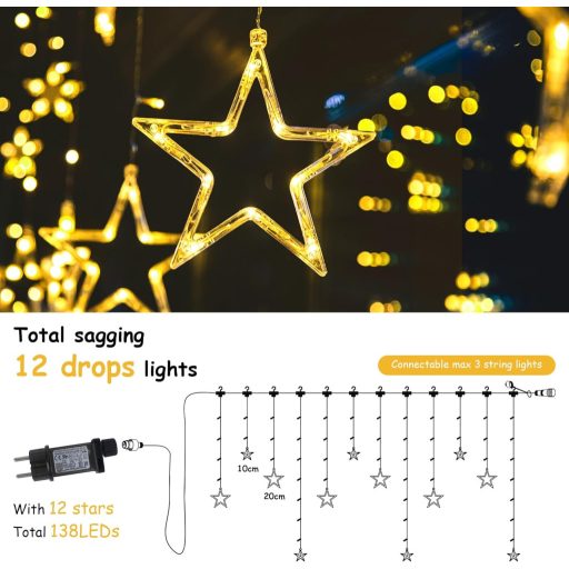 BellaAchtung 2,3m 138 LED Csillag Függöny Meleg Fehér Karácsony Dekoráció Időzítővel