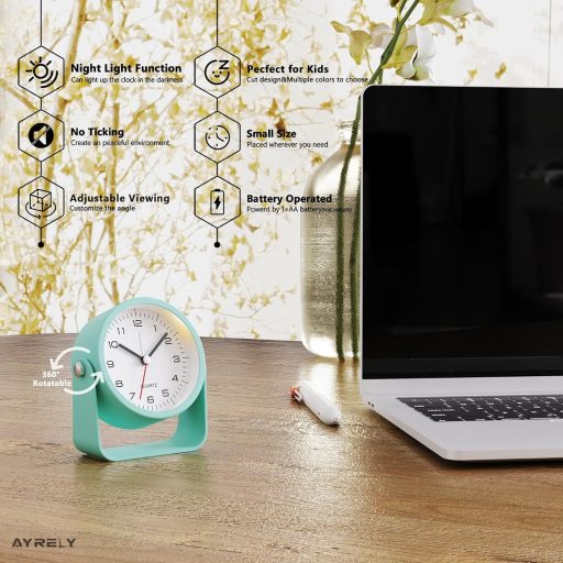 Ceas deșteptător analogic silențios AYRELY de 3,5 inch cu lumină, albastru deschis