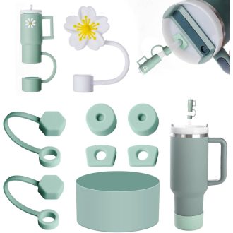   ROMANVIC Stanley Pohár Kiegészítő Szett - 4 Szivárgásmentes Szilikon Dugó, 4 Szívószál Fedél, 1 Talp Védő, 1.2L és 850ml Poharakhoz, Zöld