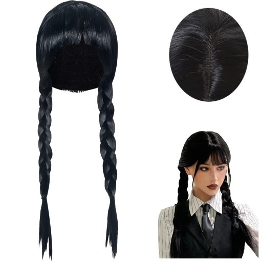 Sunshine smile čierna pletená parochňa Wednesday Addams pre dámy na cosplay kostým