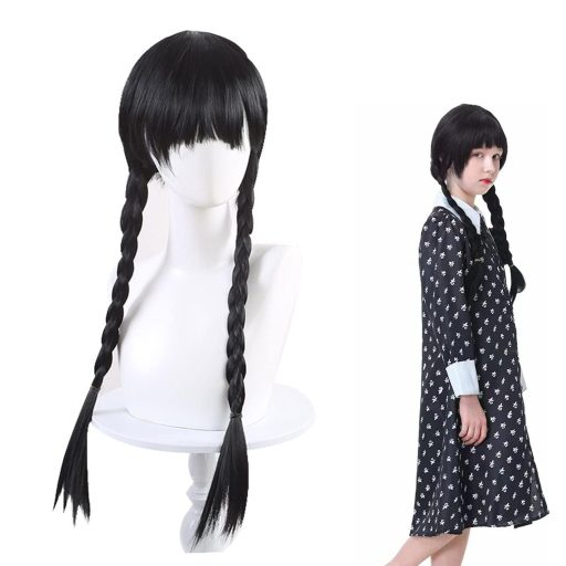 Sunshine smile čierna pletená parochňa Wednesday Addams pre dámy na cosplay kostým