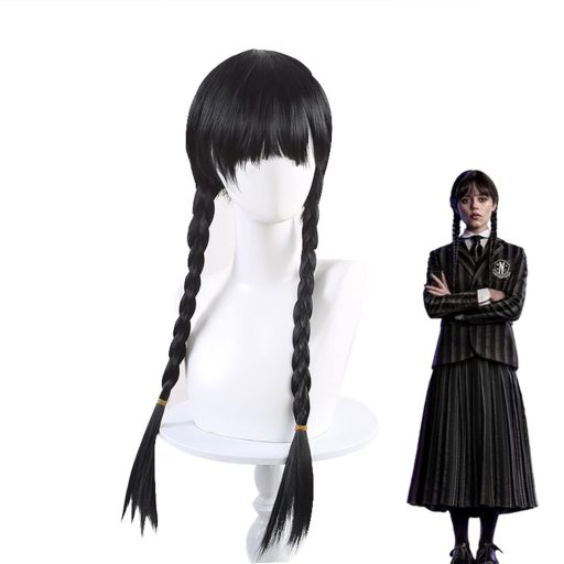 Sunshine smile čierna pletená parochňa Wednesday Addams pre dámy na cosplay kostým