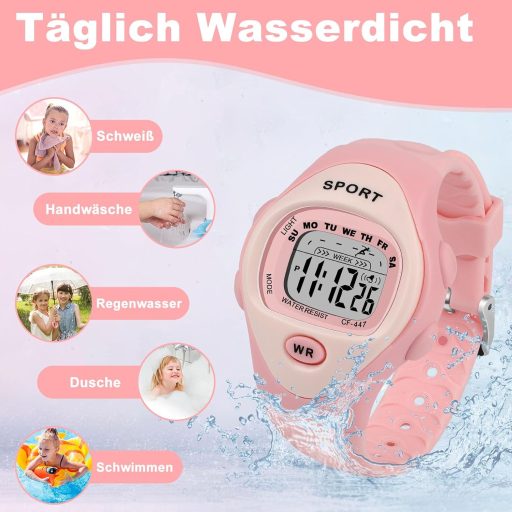SOCICO Gyerek Digitális Óra Fiúknak Lányoknak 3-10 év Vízálló Sportóra LED Világítás Riasztás Stopper Ajándék Rózsaszín