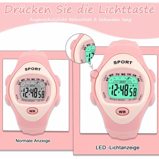 Ceas digital pentru copii SOCICO pentru băieți și fete 3-10 ani, ceas sport rezistent la apă, iluminare LED, alarmă, cronometru, cadou, roz