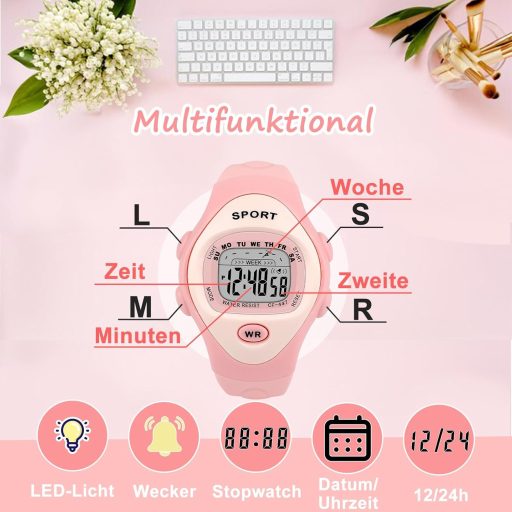 Ceas digital pentru copii SOCICO pentru băieți și fete 3-10 ani, ceas sport rezistent la apă, iluminare LED, alarmă, cronometru, cadou, roz