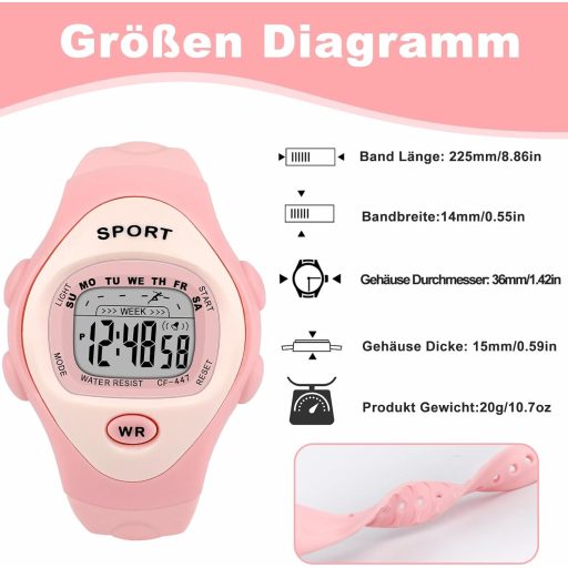 SOCICO Gyerek Digitális Óra Fiúknak Lányoknak 3-10 év Vízálló Sportóra LED Világítás Riasztás Stopper Ajándék Rózsaszín