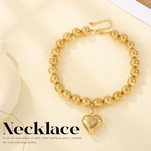 Handcess Colier cu Mărgele și Pandantiv Inimă Aurie, Bijuterie Statement pentru Femei