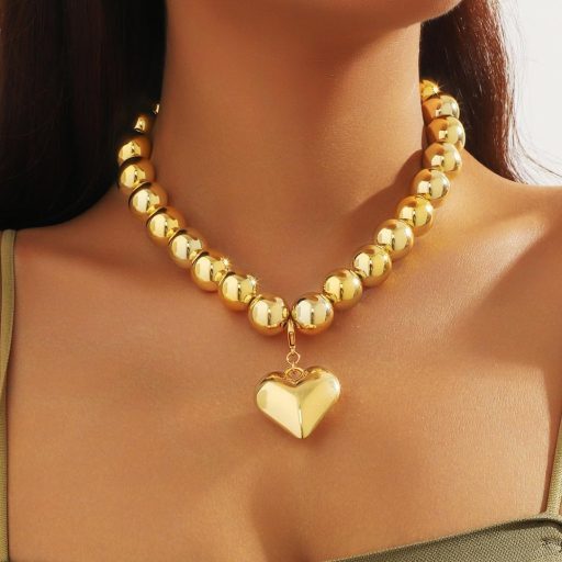 Handcess Colier cu Mărgele și Pandantiv Inimă Aurie, Bijuterie Statement pentru Femei