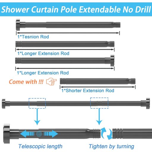 Aiitomg rozsdamentes zuhanyfüggöny rúd, fúrás nélkül, 73-145 cm, fürdőszobai sín