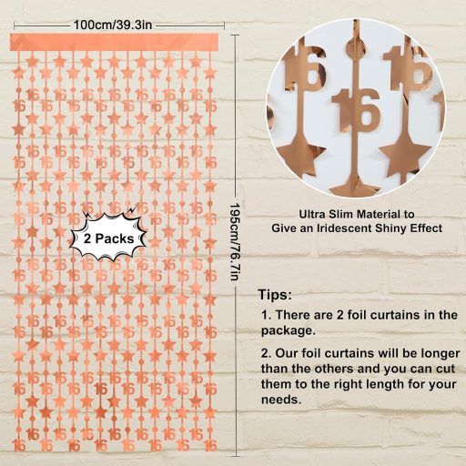 WenmthG Rozéarany 16-os Szülinapi Függöny Dekoráció - 2db Csillagos Fityegő Függöny 2M