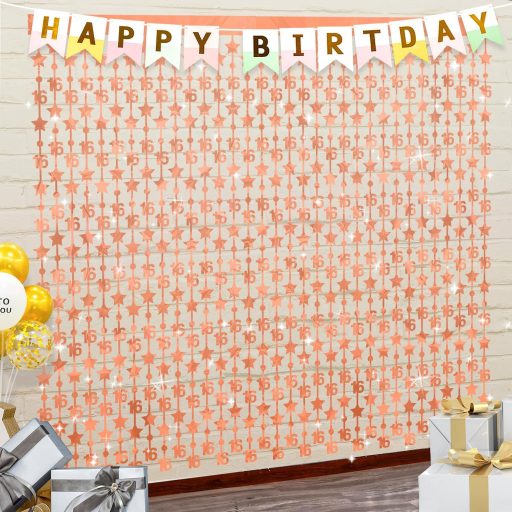 WenmthG Rozéarany 16-os Szülinapi Függöny Dekoráció - 2db Csillagos Fityegő Függöny 2M