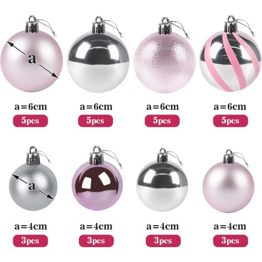 Agoer 60-dielna súprava ružových vianočných gúľ, trblietavá plastová dekorácia