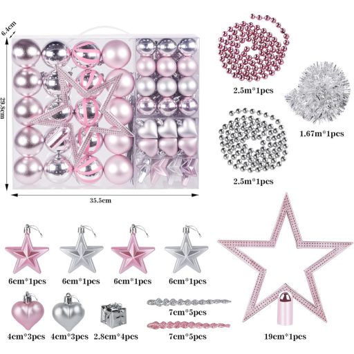 Agoer 60-dielna súprava ružových vianočných gúľ, trblietavá plastová dekorácia